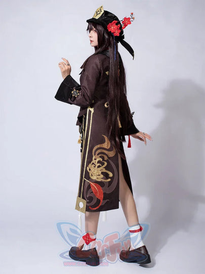Genshin Impact Hu Tao cosplay coat traces gold spider lily embroidery across flared sleeves above red-bow embroidered socks.