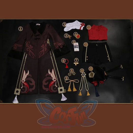 Genshin Impact Hu Tao cosplay full set lays a brown patterned coat alongside red shirt, shorts, socks, and gold accessories.