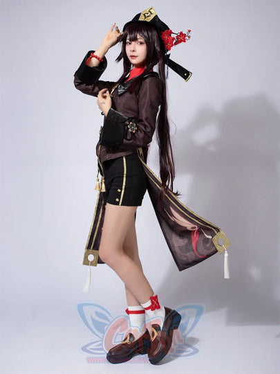 Genshin Impact Hu Tao cosplay costume pairs a dark brown tailcoat above high-waisted shorts and bow-accented platform.