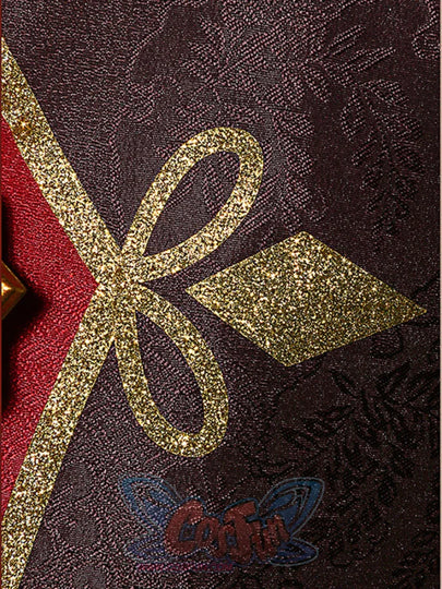 Genshin Impact Hu Tao cosplay fabric traces a gold glitter butterfly bow above a diamond applique on purple patterned cloth.