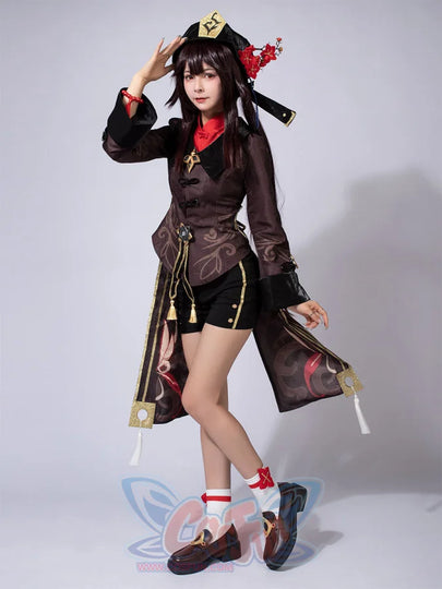 Genshin Impact Hu Tao cosplay outfit anchors a red-collared jacket above patterned socks and dark red shoes.