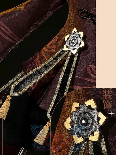 Genshin Impact Hu Tao cosplay sleeve prop frames a geometric metal clip above black-and-gold ribbons and two tassels.