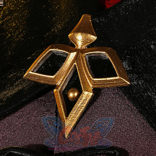 Genshin Impact Hu Tao cosplay hat prop centers an open-frame gold geometric ornament as a standalone accent piece.
