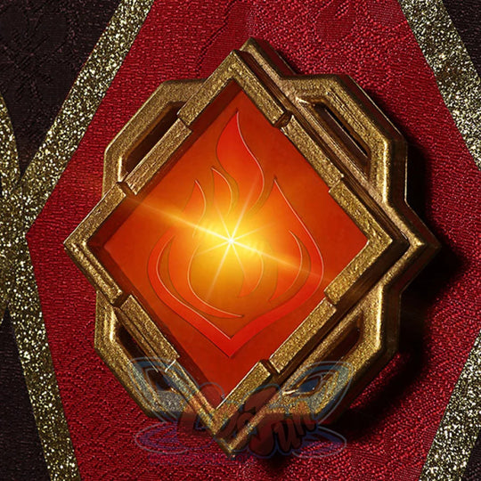 Genshin Impact Hu Tao cosplay chest prop centers a gold-framed diamond ornament around an orange-red engraved flame gem.