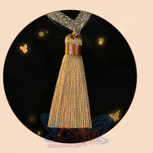 Genshin Impact Hu Tao cosplay back prop drops a large gold tassel from a gold band above a metallic-thread ribbon.