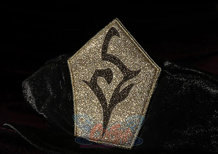 Genshin Impact Hu Tao cosplay patch sets a pentagonal gold glitter embroidered emblem against black textured velvet.