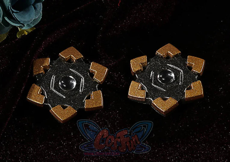 Genshin Impact Hu Tao cosplay back props set two hexagonal pieces balancing dark textured centers against gold-edged frames.