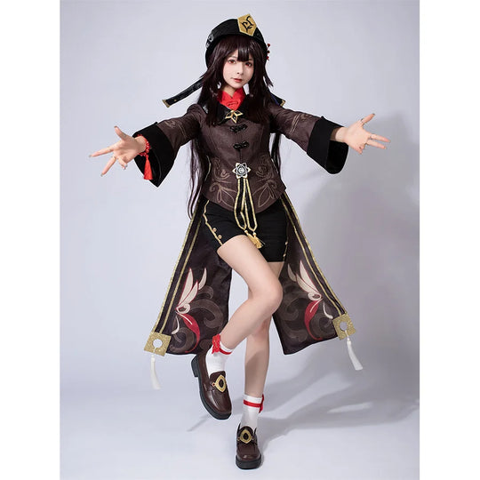 COSFUN Genshin Impact Hu Tao cosplay costume layers a gold-patterned brown jacket over black shorts and a patterned hat.