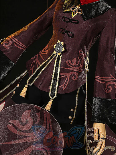 Genshin Impact Hu Tao cosplay top anchors maroon frog closures above black ribbon tassels paired alongside black trousers.