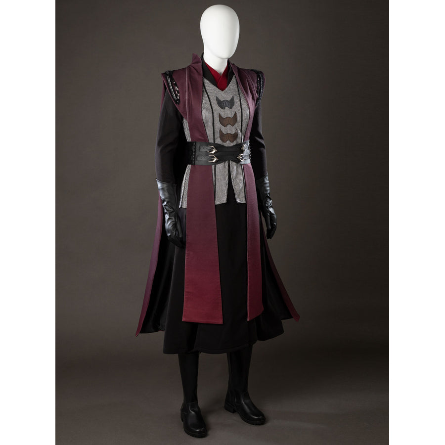 Rhaenyra Targaryen cosplay costume angled view frames black sleeves beneath the maroon outer robe.