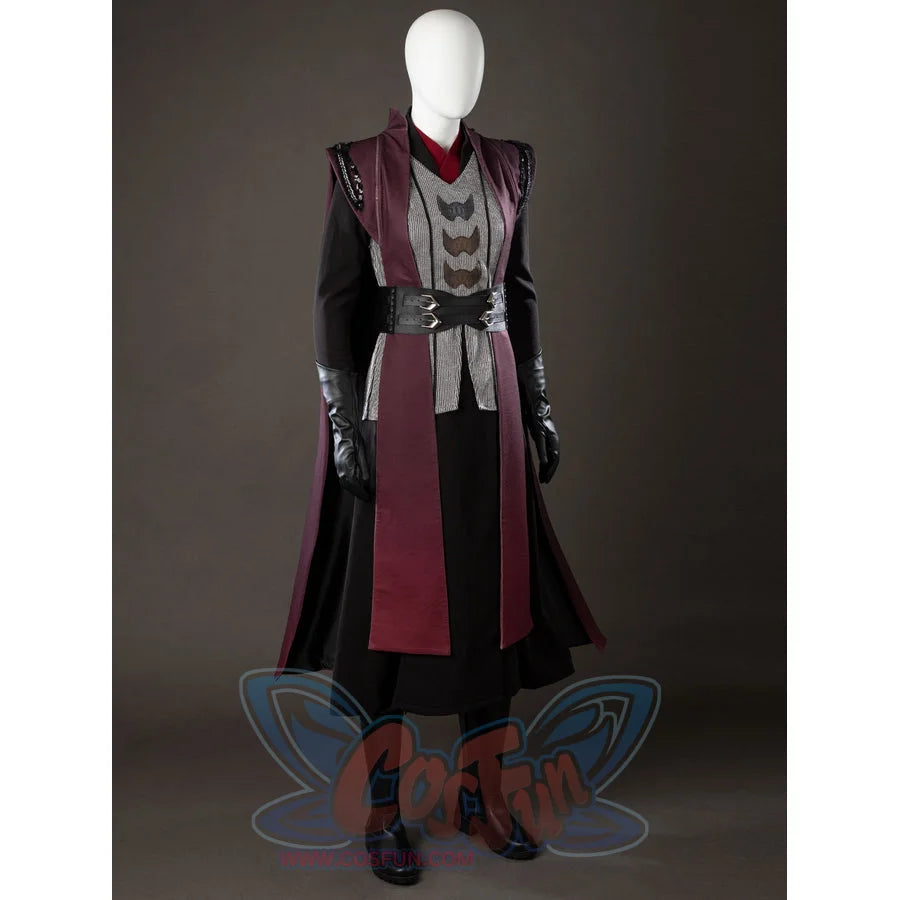 Rhaenyra Targaryen cosplay costume angled view frames black sleeves beneath the maroon outer robe.