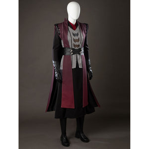 Rhaenyra Targaryen cosplay costume angled view frames black sleeves beneath the maroon outer robe.