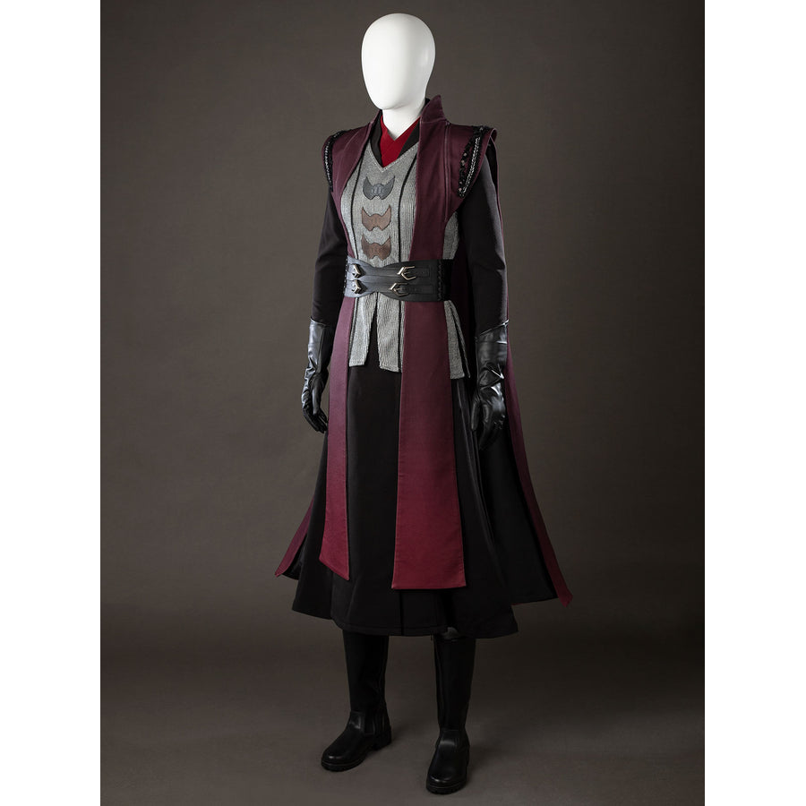 Rhaenyra Targaryen cosplay costume front view sets a wide black waist cincher across maroon robes.