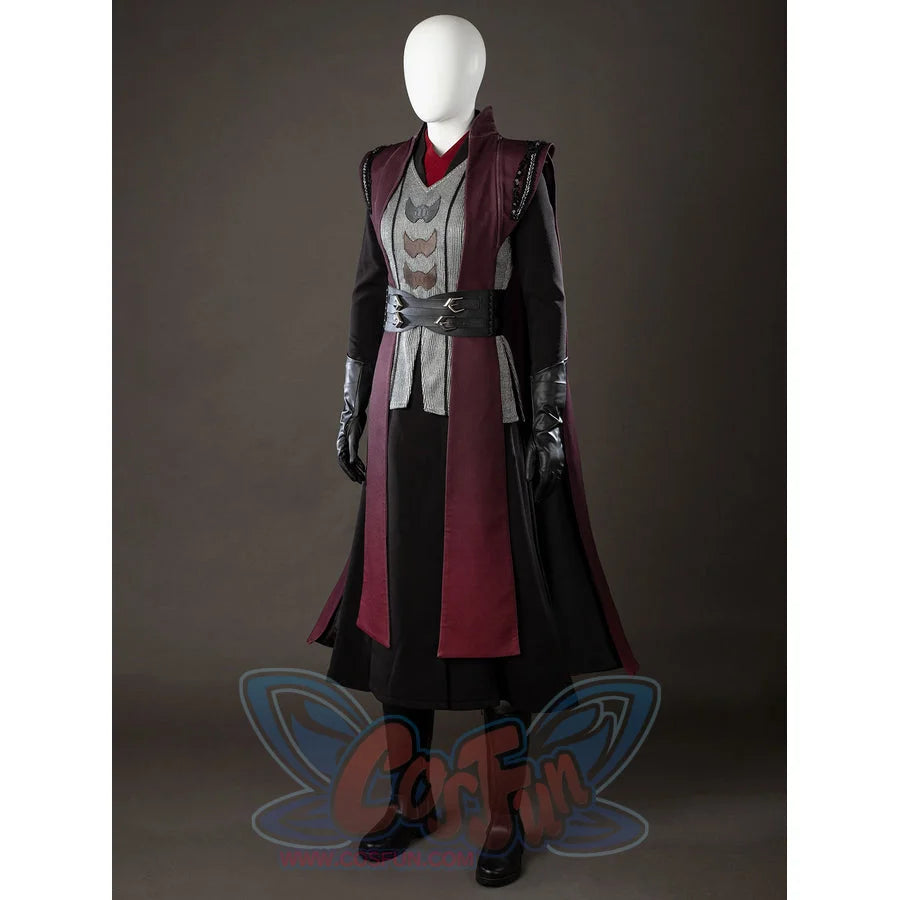 Rhaenyra Targaryen cosplay costume front view sets a wide black waist cincher across maroon robes.