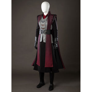 Rhaenyra Targaryen cosplay costume front view sets a wide black waist cincher across maroon robes.