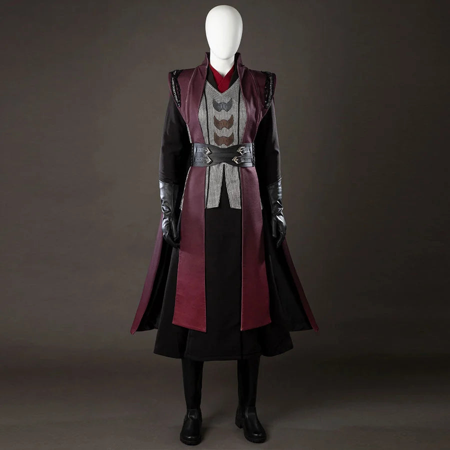 COSFUN Rhaenyra Targaryen cosplay costume layers maroon robes over a gray vest and black skirt.