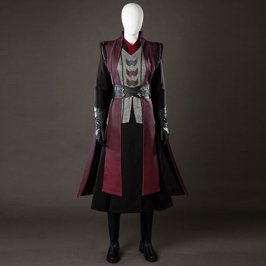 COSFUN Rhaenyra Targaryen cosplay costume layers maroon robes over a gray vest and black skirt.