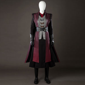 COSFUN Rhaenyra Targaryen cosplay costume layers maroon robes over a gray vest and black skirt.