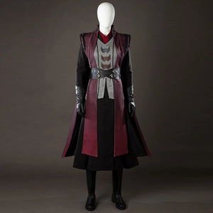 COSFUN Rhaenyra Targaryen cosplay costume layers maroon robes over a gray vest and black skirt.