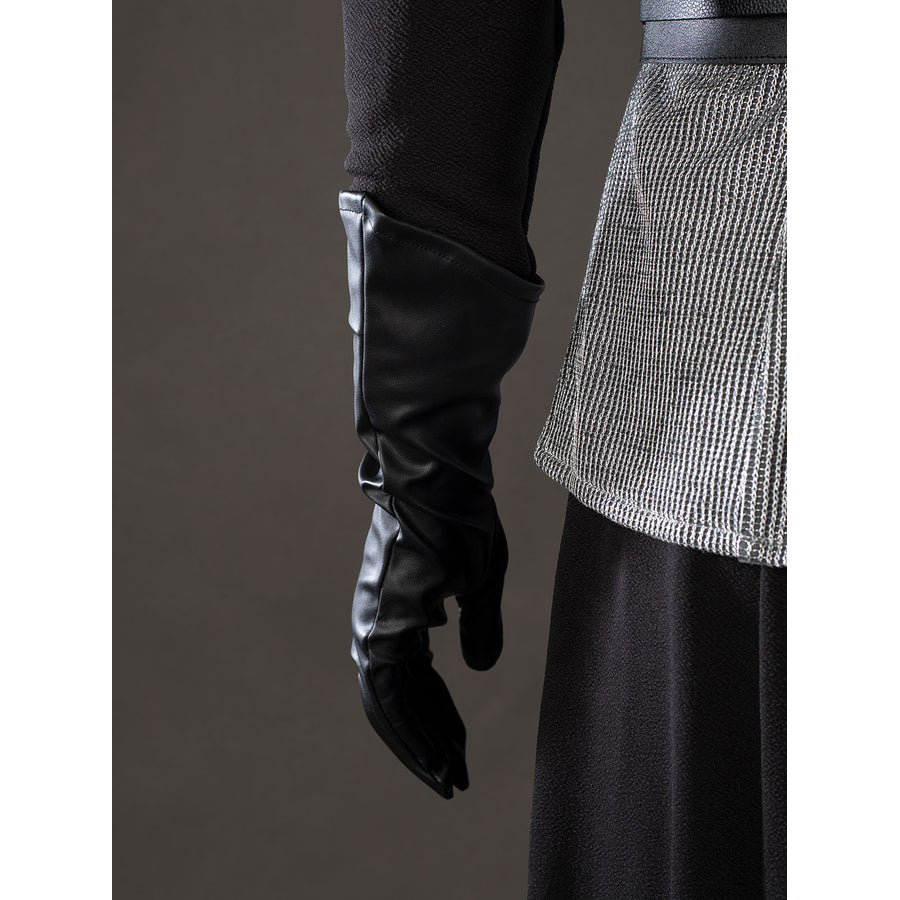 Rhaenyra Targaryen cosplay glove sleeve detail folds black faux leather beside the gray vest hem.