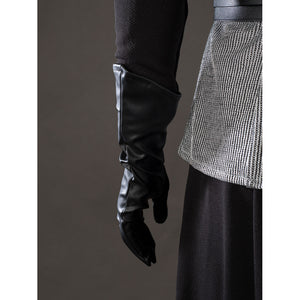 Rhaenyra Targaryen cosplay glove sleeve detail folds black faux leather beside the gray vest hem.