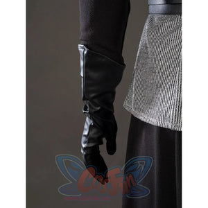 Rhaenyra Targaryen cosplay glove sleeve detail folds black faux leather beside the gray vest hem.