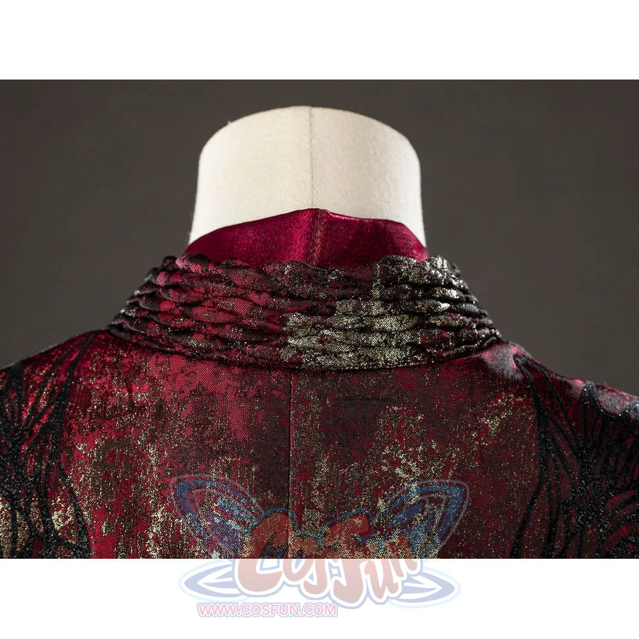 Rhaenyra Targaryen cosplay costume layers the back collar around burgundy and black textures.