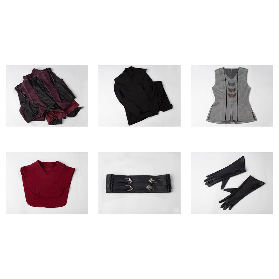 Rhaenyra Targaryen cosplay costume flat lay groups layered robes beside collar and glove pieces.
