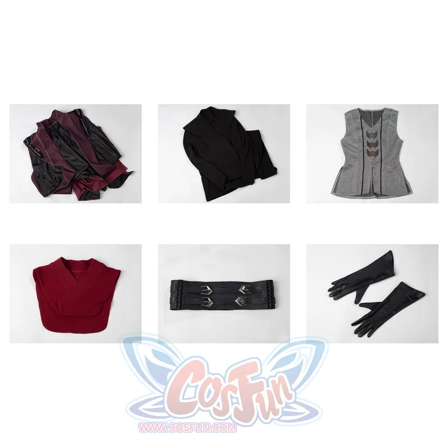 Rhaenyra Targaryen cosplay costume flat lay groups layered robes beside collar and glove pieces.