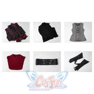 Rhaenyra Targaryen cosplay costume flat lay groups layered robes beside collar and glove pieces.