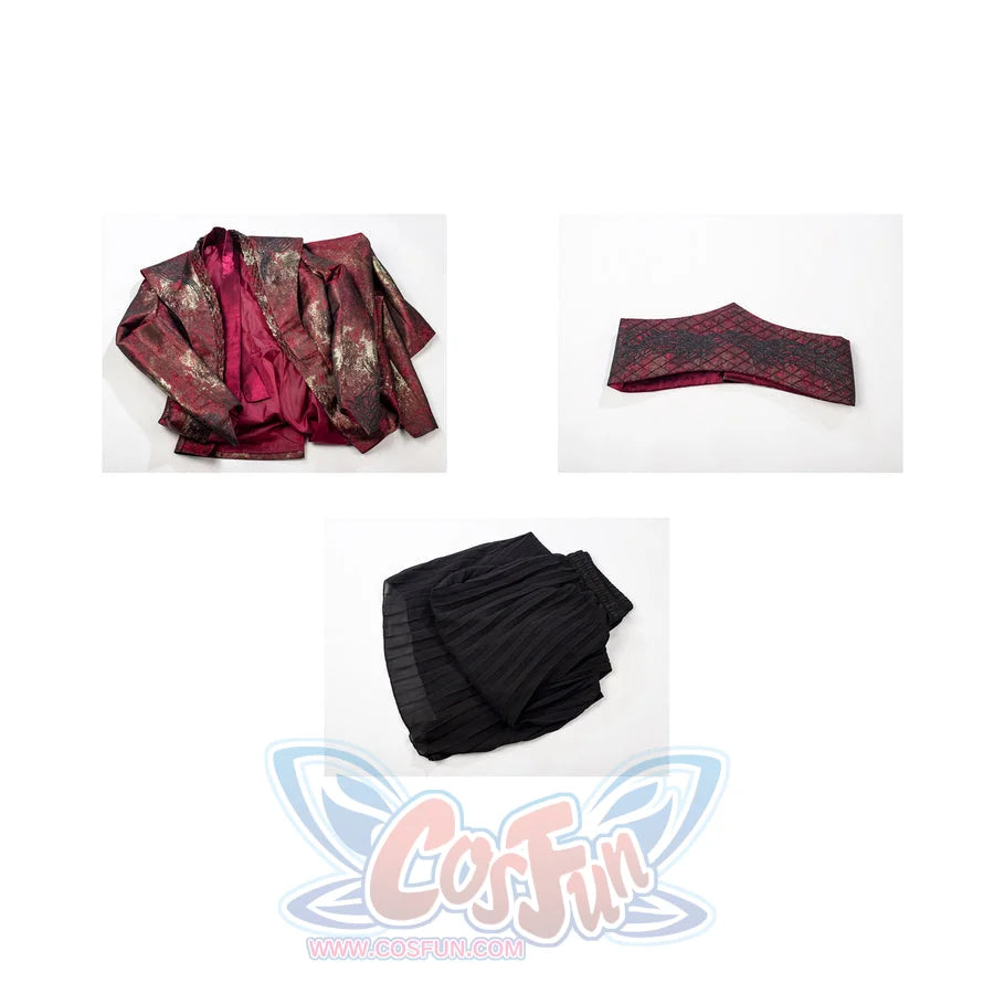 Rhaenyra Targaryen cosplay costume lays robe layers beside sash and skirt pieces in a compact layout.