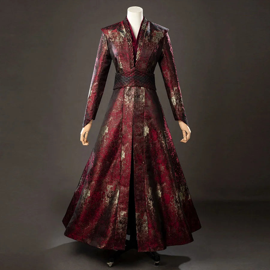 COSFUN Rhaenyra Targaryen cosplay costume centers a burgundy long robe around a dark pleated skirt.