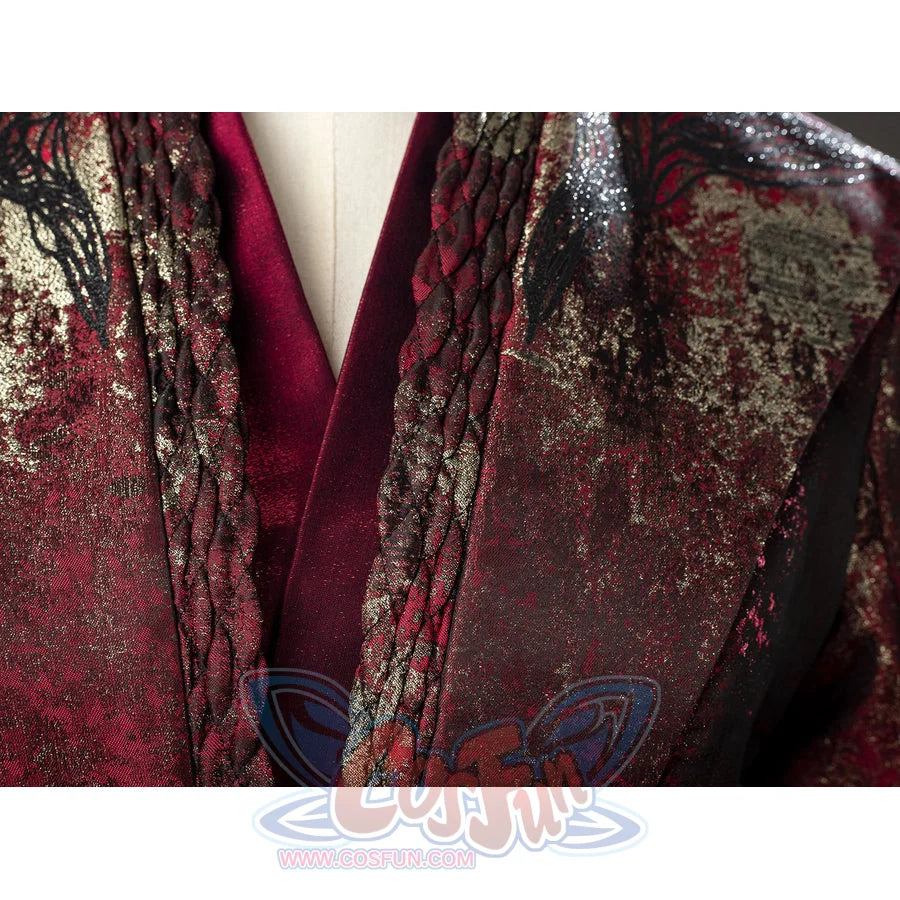Rhaenyra Targaryen cosplay costume centers braided lapel trim along the burgundy robe front.