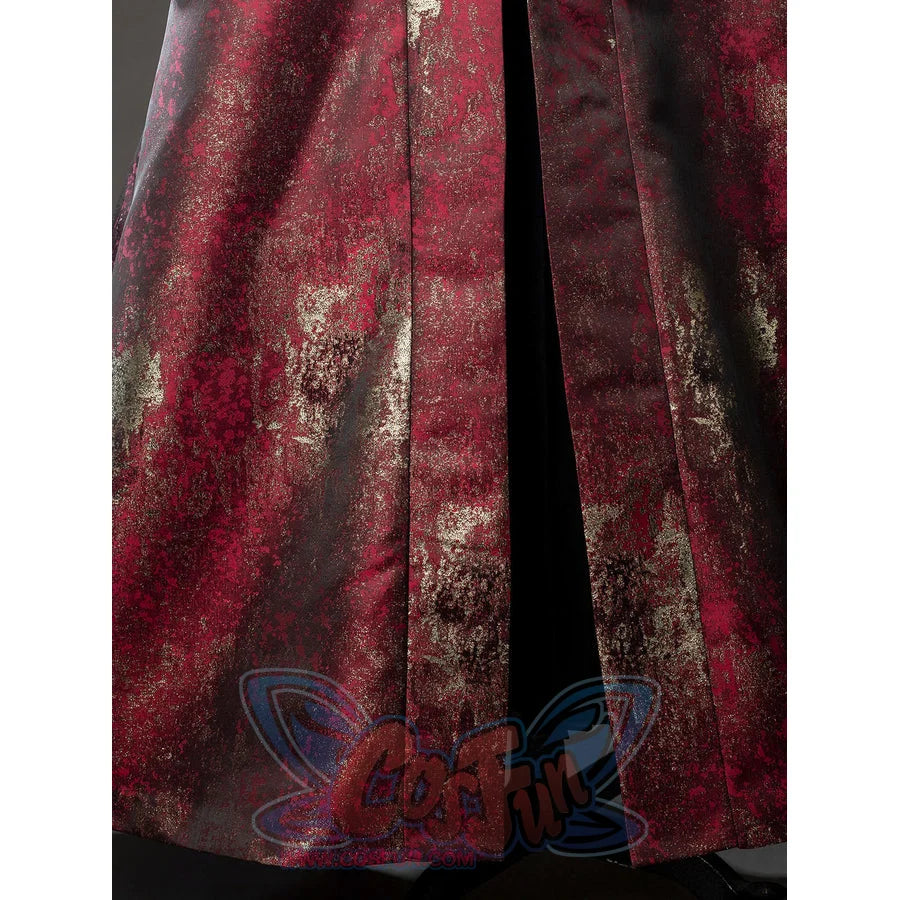 Rhaenyra Targaryen cosplay costume frames the burgundy lower robe panel beside the skirt slit.