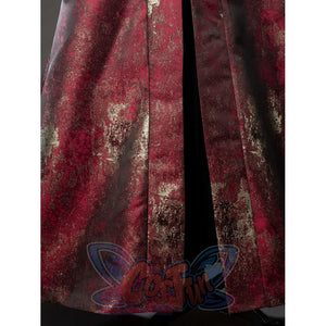 House of the Dragon Rhaenyra Targaryen cosplay costume frames the burgundy lower robe panel beside the skirt slit.