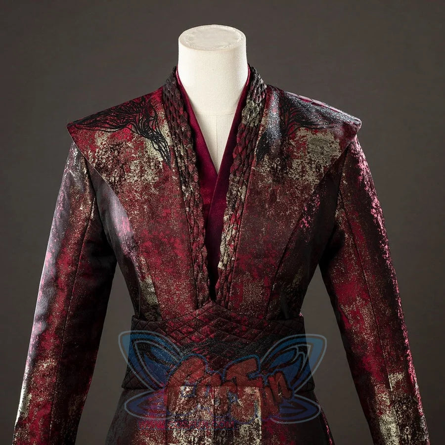 Rhaenyra Targaryen cosplay costume layers a burgundy inner sash below the robe collar.