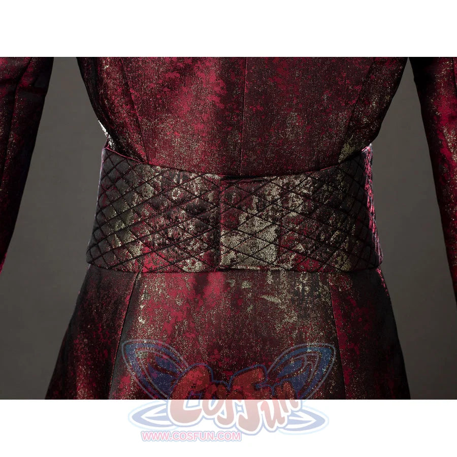 Rhaenyra Targaryen cosplay costume wraps the black waist band across the rear robe panel.