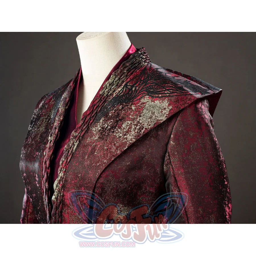 Rhaenyra Targaryen cosplay costume sets a structured shoulder panel over patterned fabric.