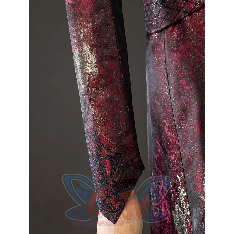 Rhaenyra Targaryen cosplay costume traces the pointed sleeve cuff beside the long robe panel.