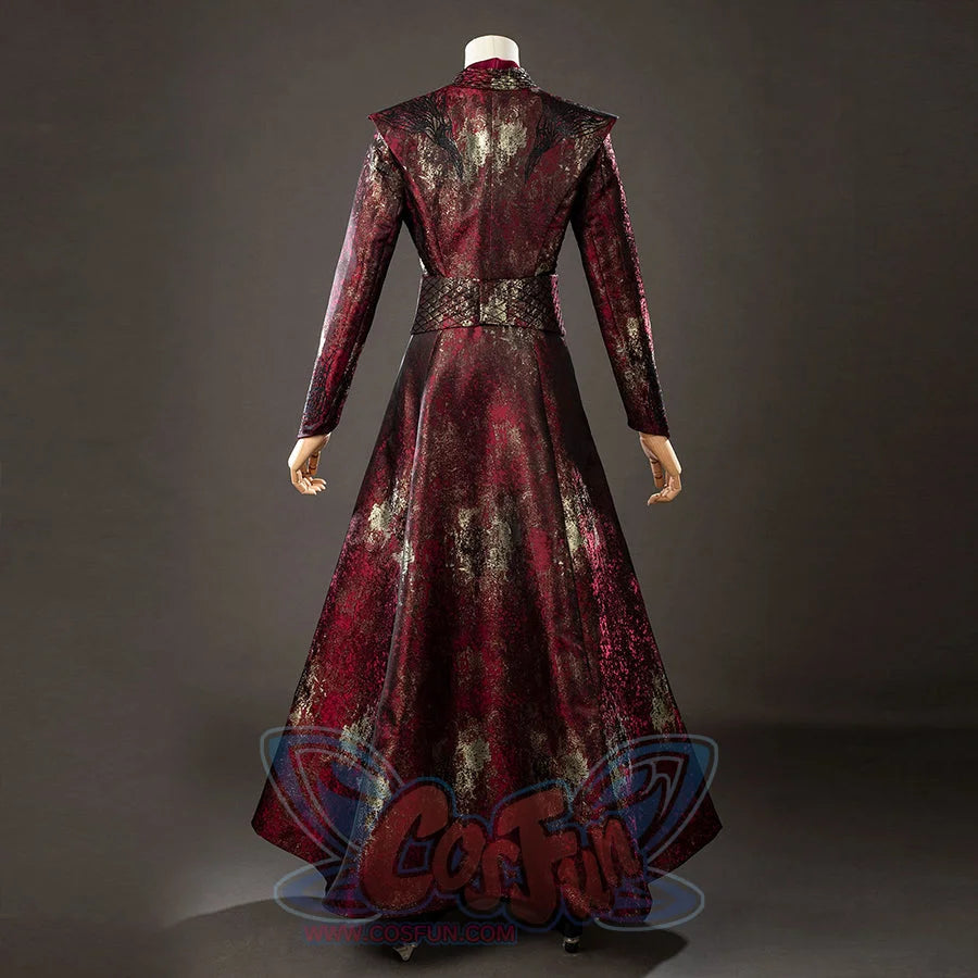 Rhaenyra Targaryen cosplay costume centers the long robe panels above pointed boots.