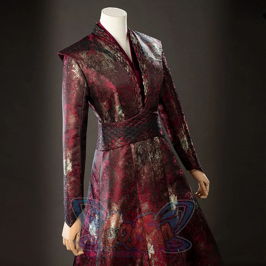 Rhaenyra Targaryen cosplay costume frames the structured shoulder and burgundy sleeve panel.