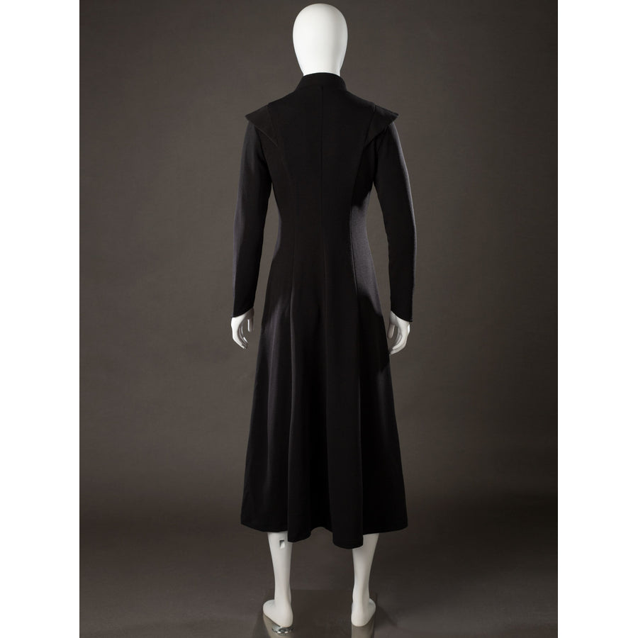 Rhaenyra Targaryen cosplay inner robe back view keeps a clean black line through the long coat shape.