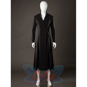 Rhaenyra Targaryen cosplay inner robe front view drops a black long coat shape below folded lapels.