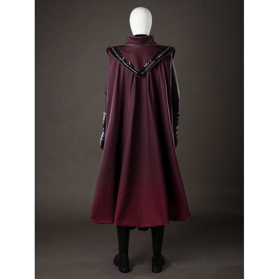 Rhaenyra Targaryen cosplay robe back view drops a long maroon outer layer from the raised collar.