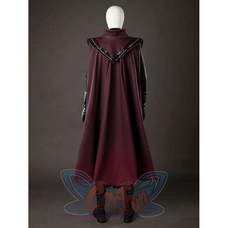 Rhaenyra Targaryen cosplay robe back view drops a long maroon outer layer from the raised collar.