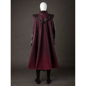 Rhaenyra Targaryen cosplay robe back view drops a long maroon outer layer from the raised collar.