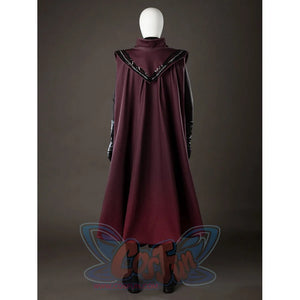 Rhaenyra Targaryen cosplay robe back view drops a long maroon outer layer from the raised collar.