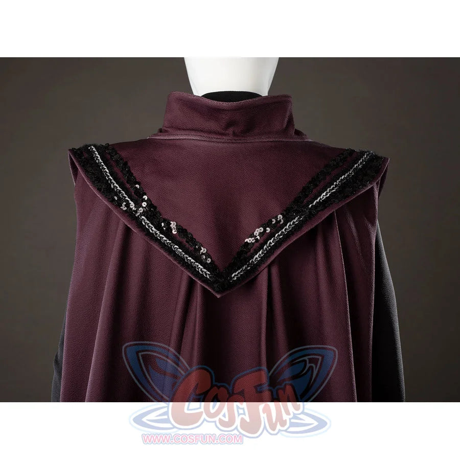 Rhaenyra Targaryen cosplay outer robe back collar rises above maroon draped fabric and black trim.