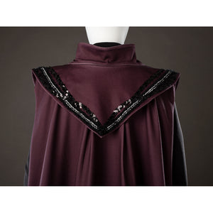 Rhaenyra Targaryen cosplay outer robe back collar rises above maroon draped fabric and black trim.