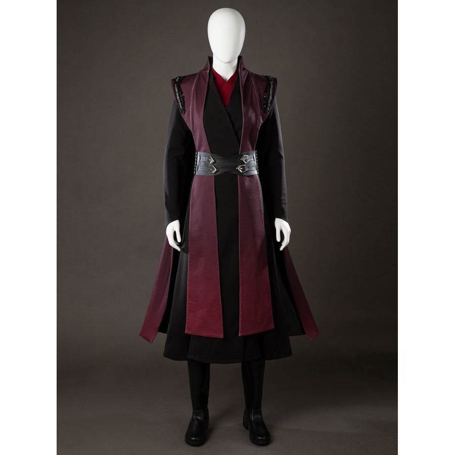 Rhaenyra Targaryen cosplay outer robe front view opens above black layers under a centered cincher.
